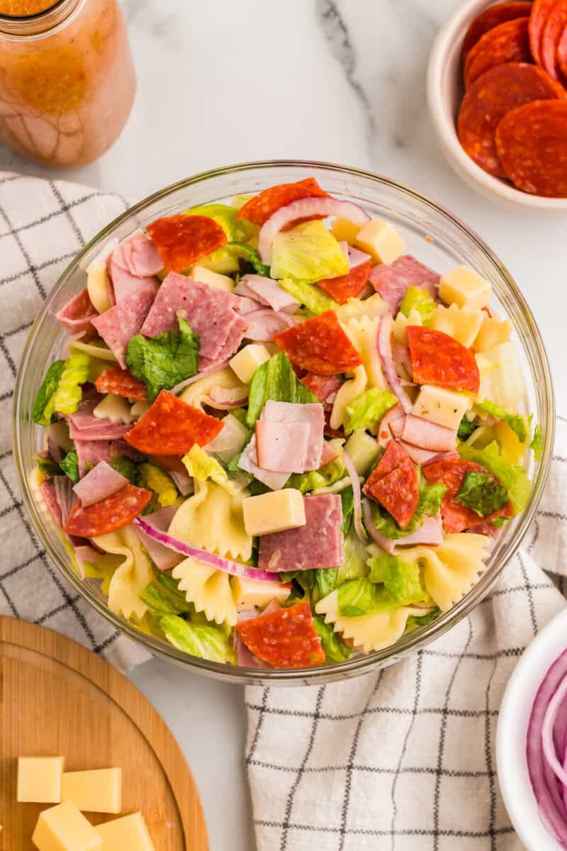 Italian Pasta Salad served in a clear glass bowl.