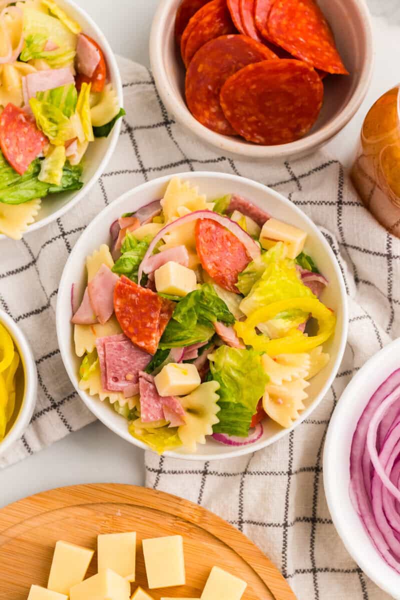 top-down view of the Italian Pasta Salad served in a white bowl.