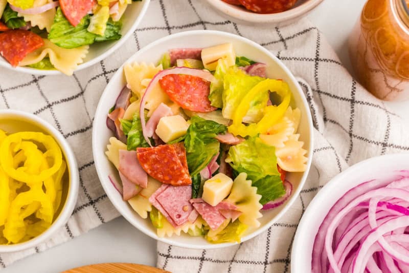 top-down view of the Italian Pasta Salad in a white bowl.