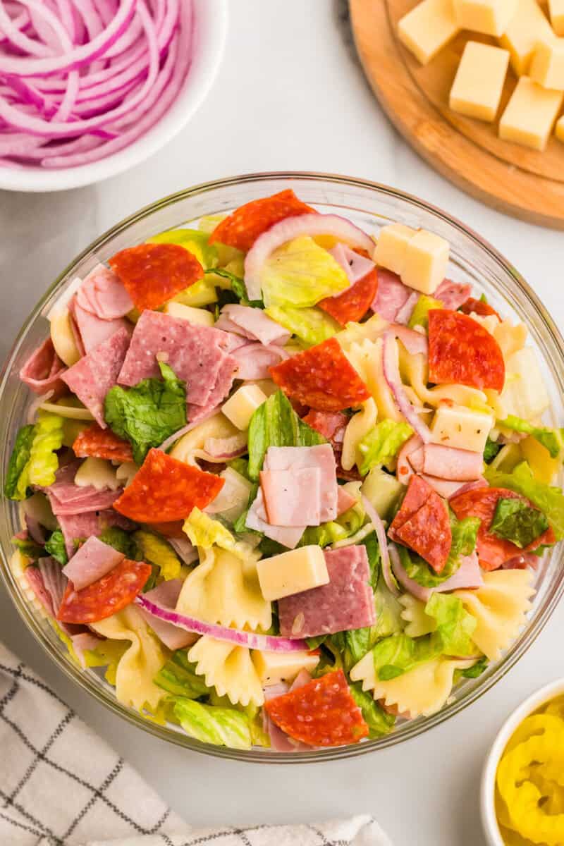top-down view of the Italian Pasta Salad in a clear serving bowl.