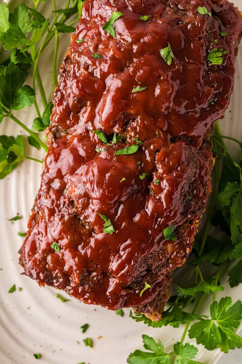 top-down view of the meatloaf served on a plate.