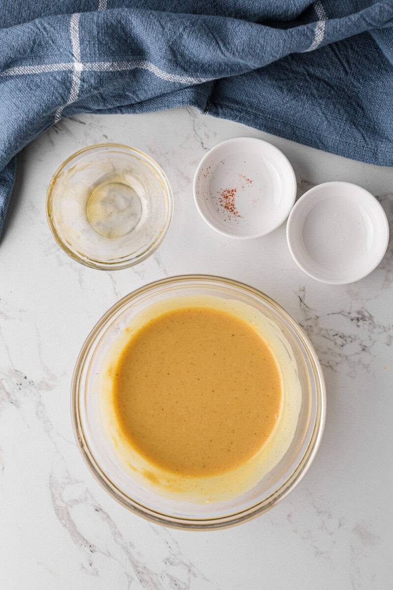 honey mustard dipping sauce mixed in a glass bowl.