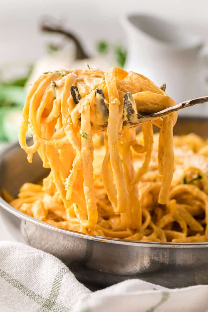 serving the Pumpkin Pasta out of the pan.