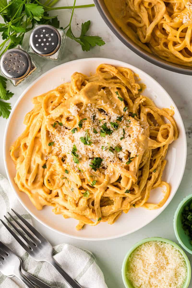 top-down view of the Pumpkin Pasta served on a white plate.