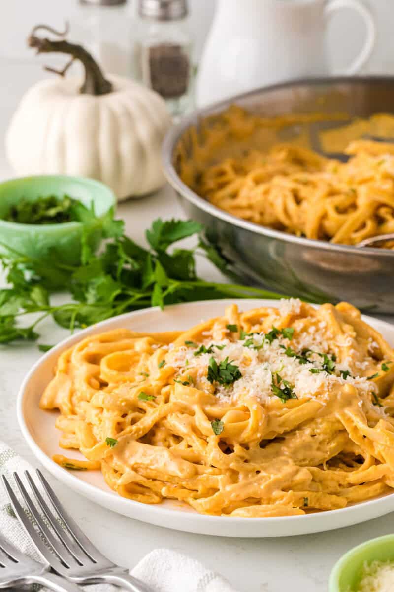 closeup of the Pumpkin Pasta served on a white plate.