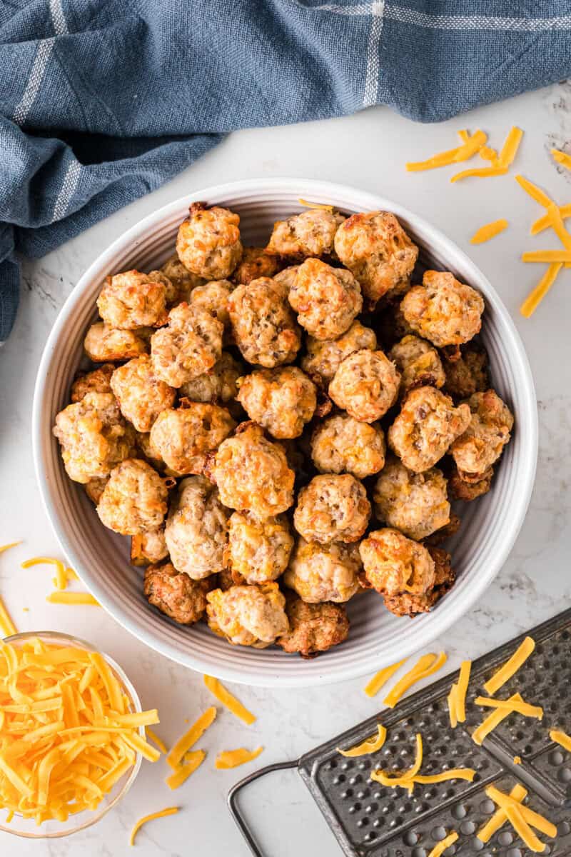 top-down view of the sausage balls served in a white bowl.