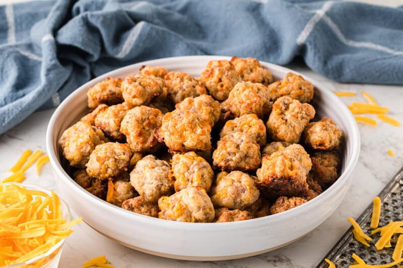 sausage balls served in a white bowl.