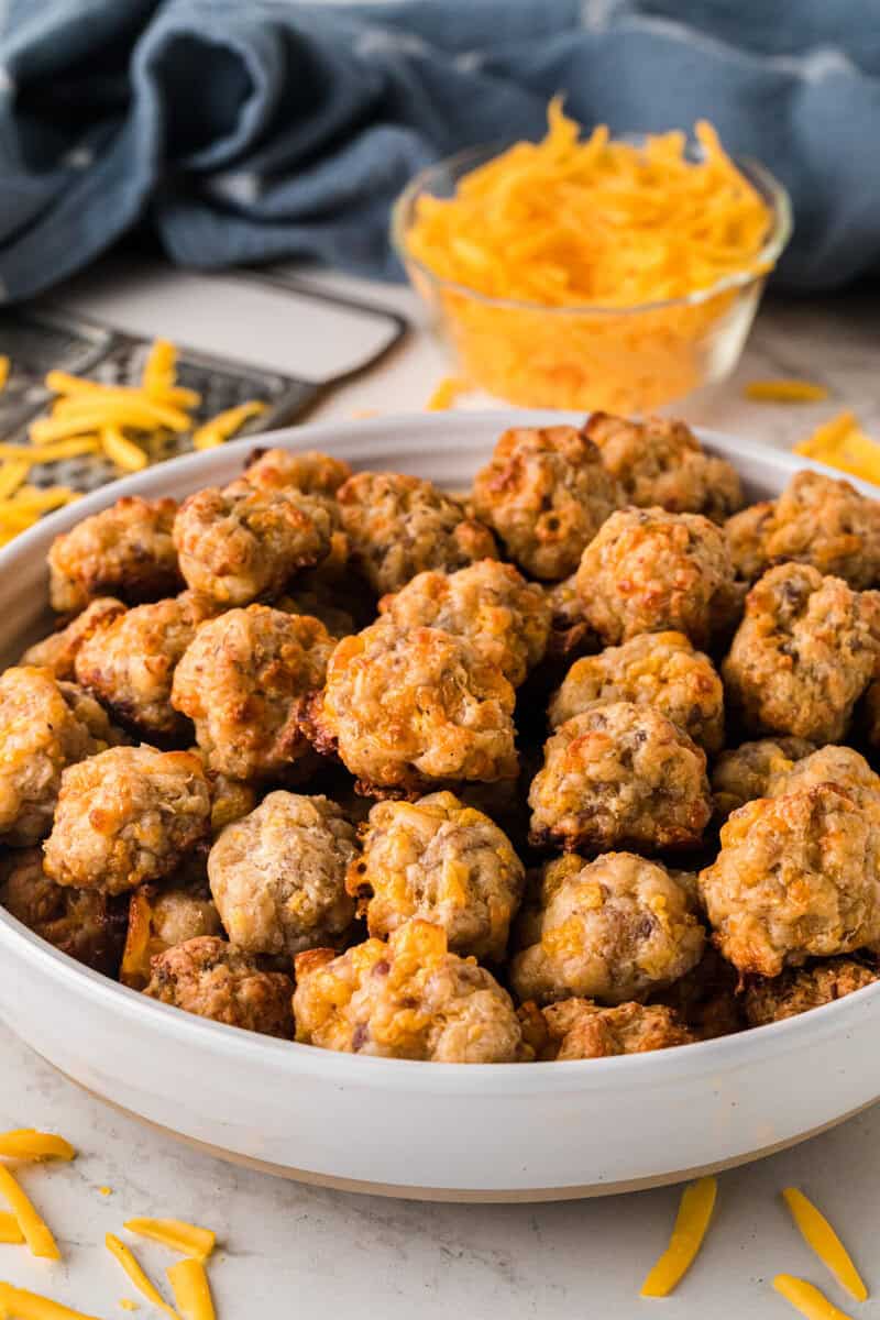 sausage balls served in a white bowl.