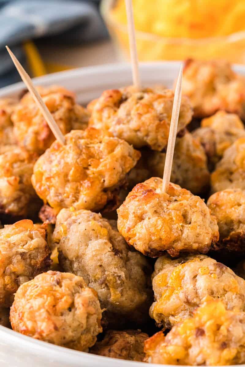 closeup of the sausage balls with toothpicks in them.