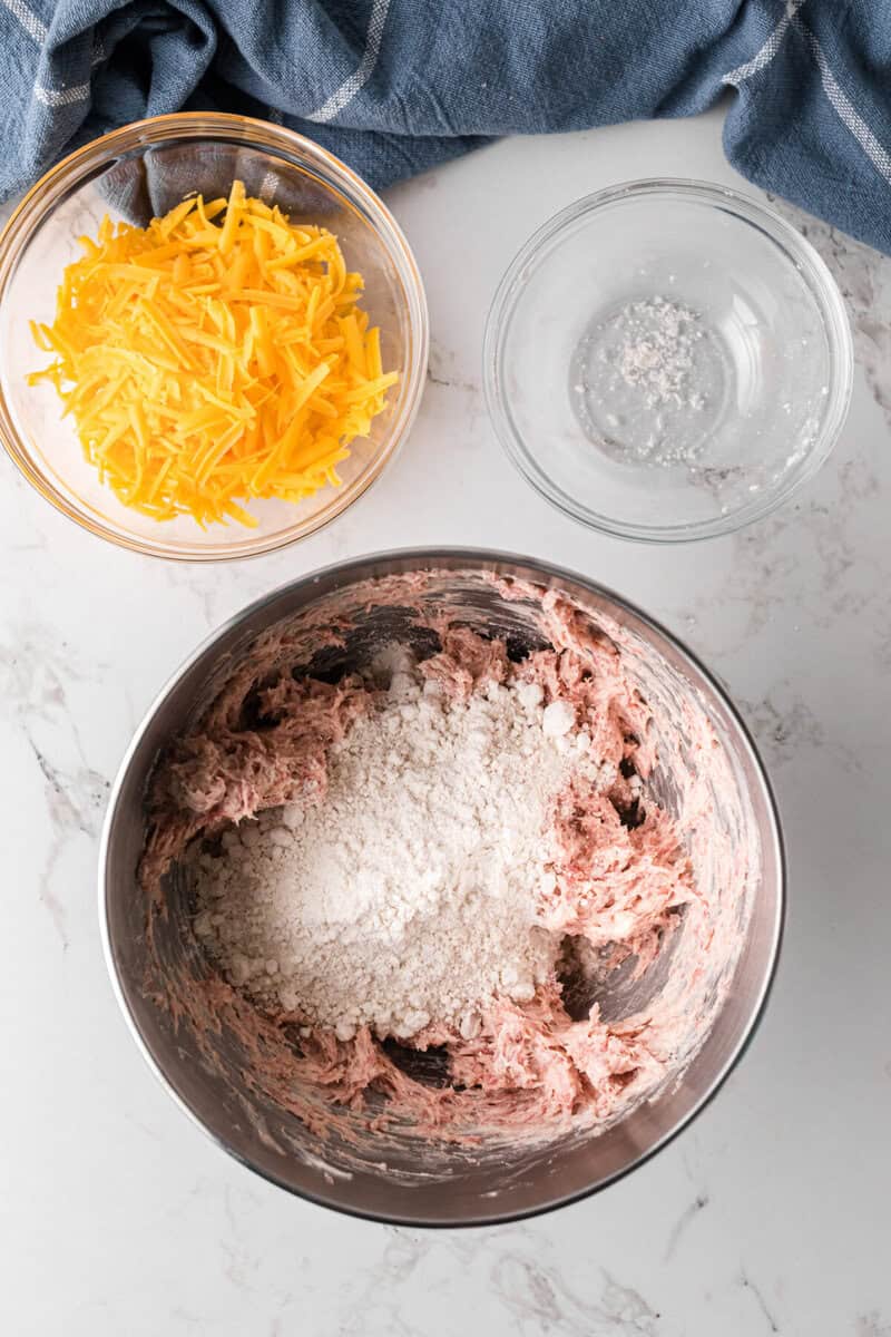 mixing the Bisquick into the sausage and cream cheese mixture.