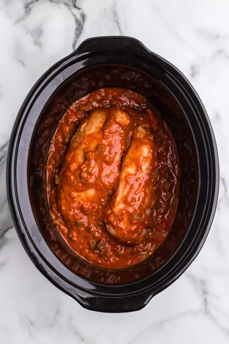 chicken in the bottom of the slow cooker with salsa on top.