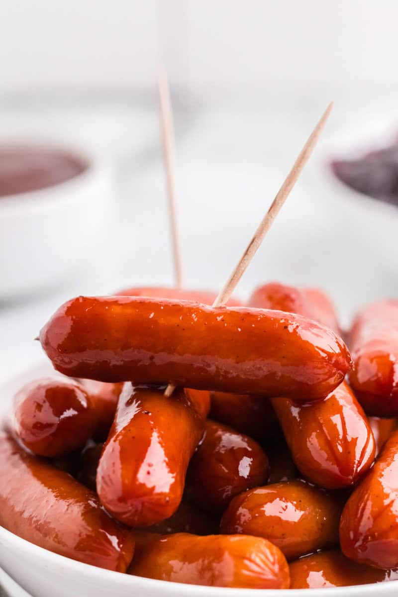 closeup of the Little Smokies with toothpicks in them.