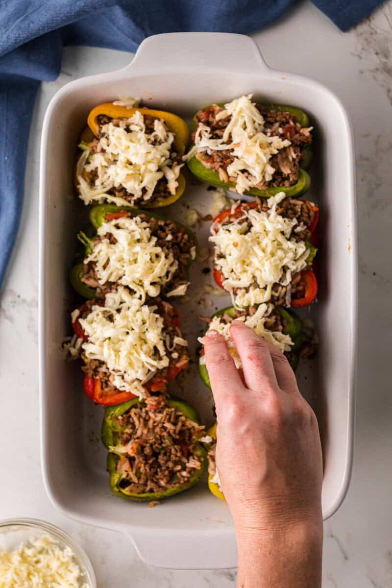 topping the peppers with the mozzarella cheese.