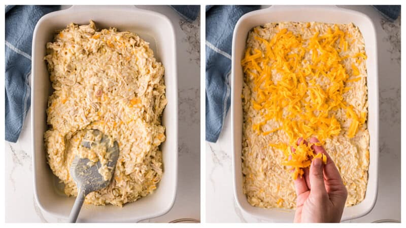 spreading creamy chicken and rice casserole mixture evenly into a baking dish