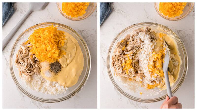 chicken and rice casserole ingredients mixed together in a large glass mixing bowl