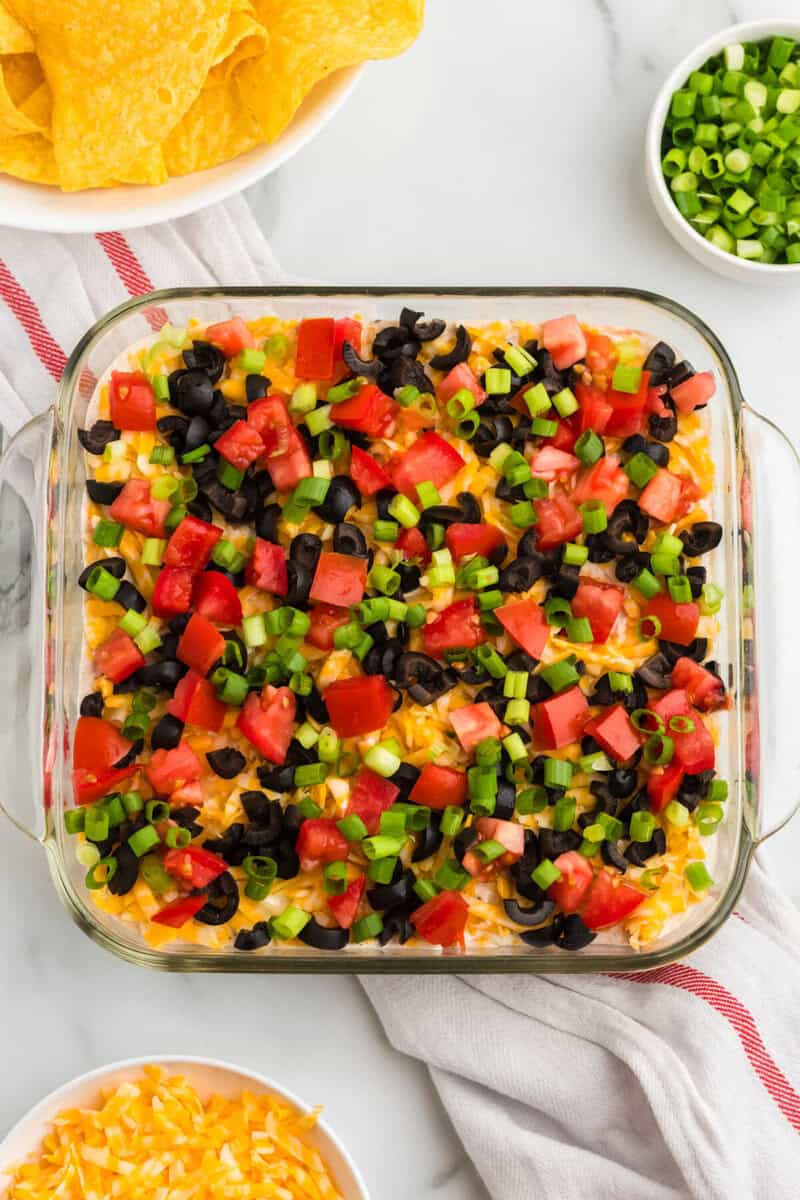 top-down view of the finished 5 Layer Dip.