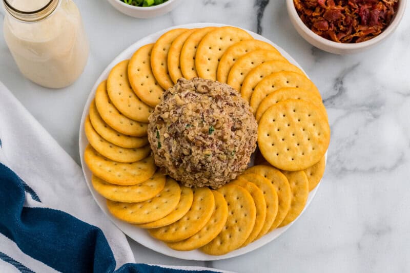top-down view of the Cheese Ball surrounded by crackers.