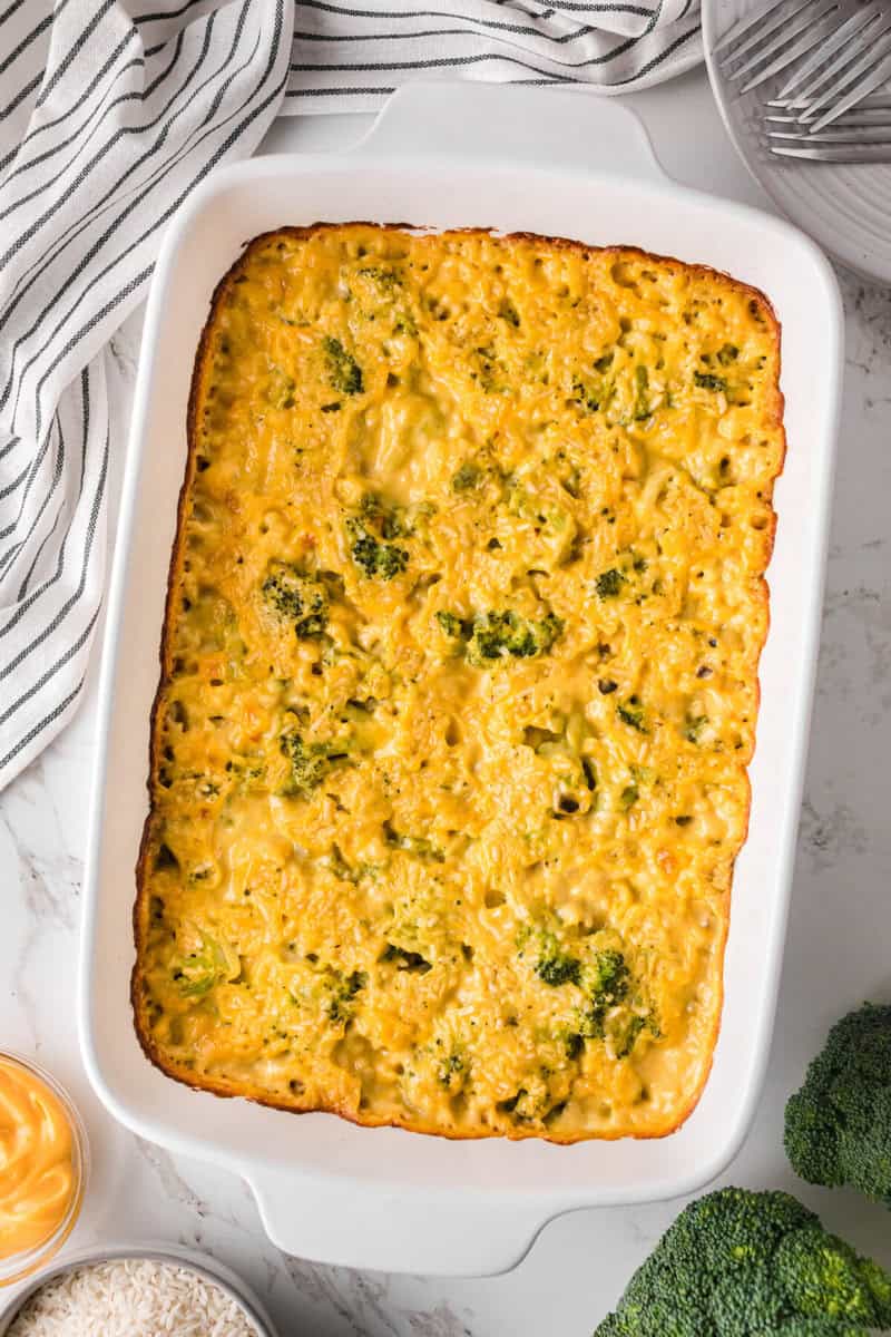 top-down view of the baked Broccoli Casserole.