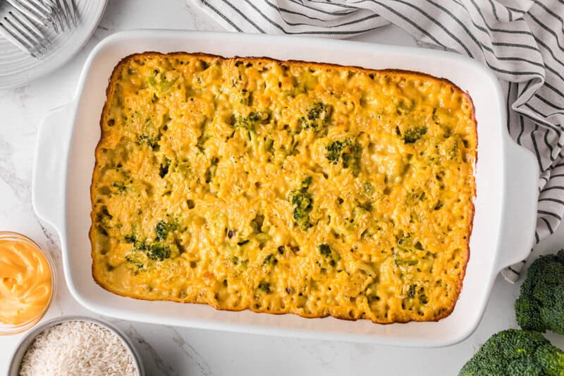 top-down view of the Broccoli Casserole baked in a white casserole dish.