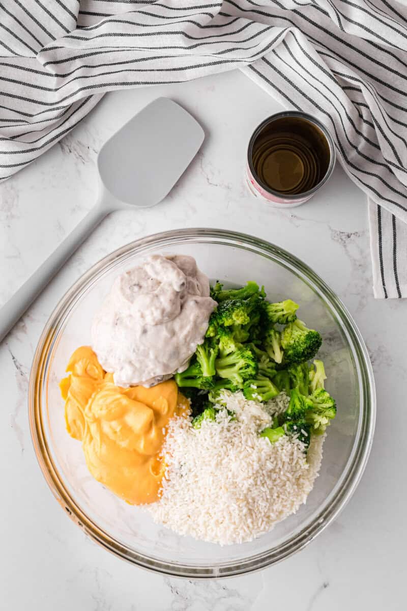 ingredients for the Broccoli Casserole in a large mixing bowl.
