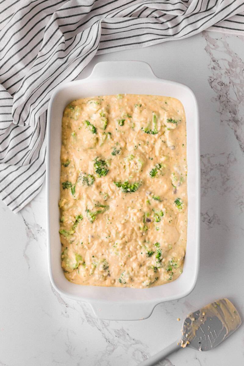 Broccoli Casserole spread into the baking dish.