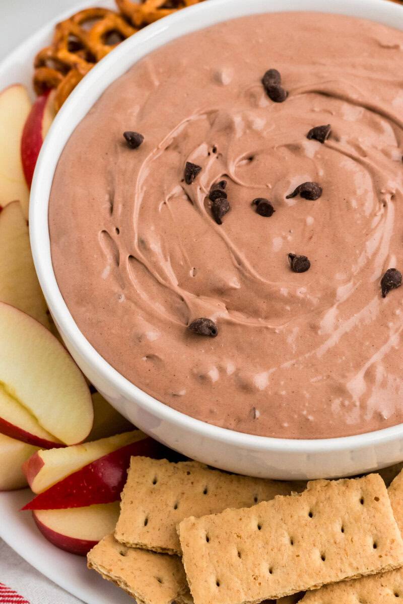closeup of the Brownie Batter Dip served in a white bowl.