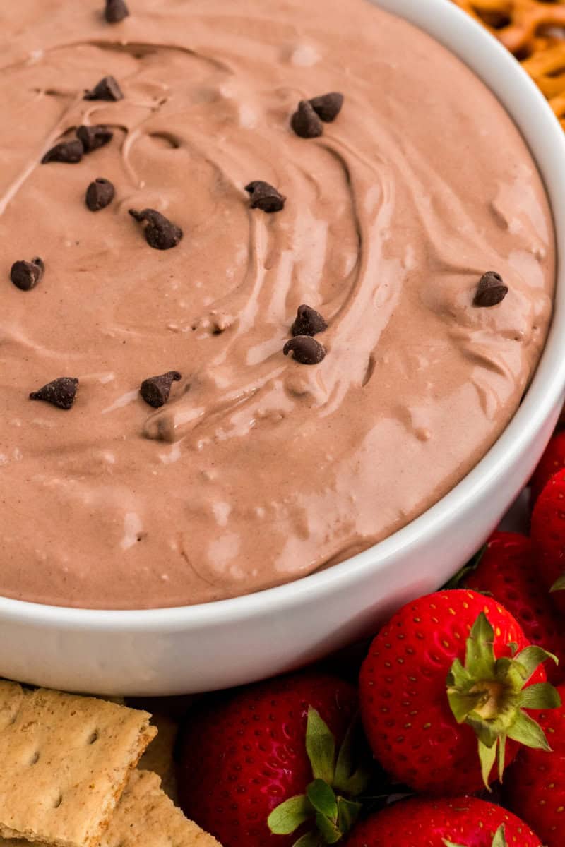 closeup of the Brownie Batter Mix served in a white bowl.