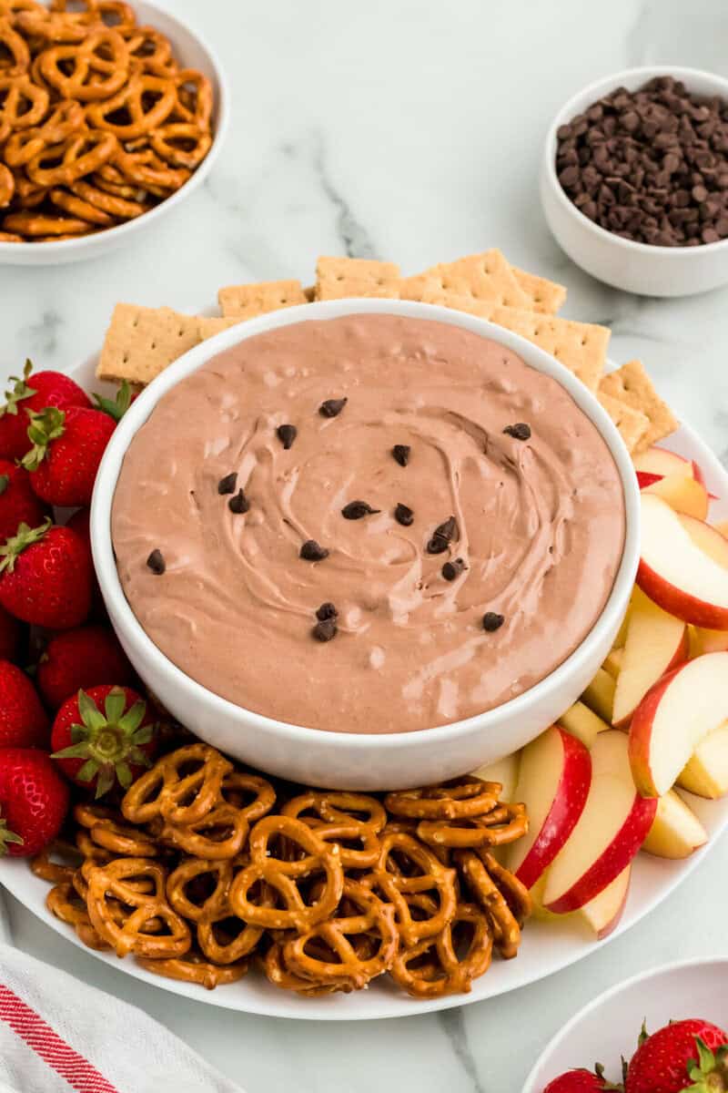 Brownie Batter Dip topped with mini chocolate chips.