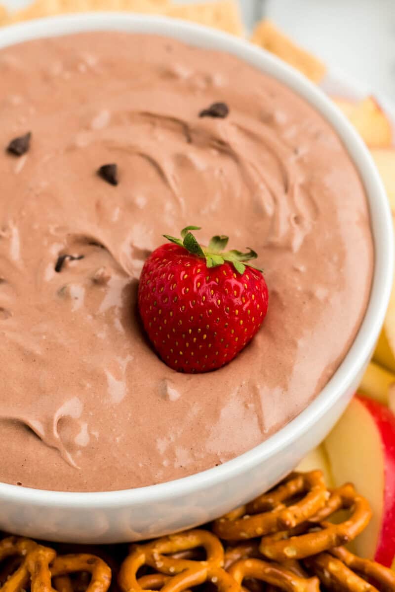 closeup of the Brownie Batter Mix with a strawberry in it.