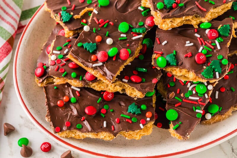 closeup of the Christmas Crack served on a plate.