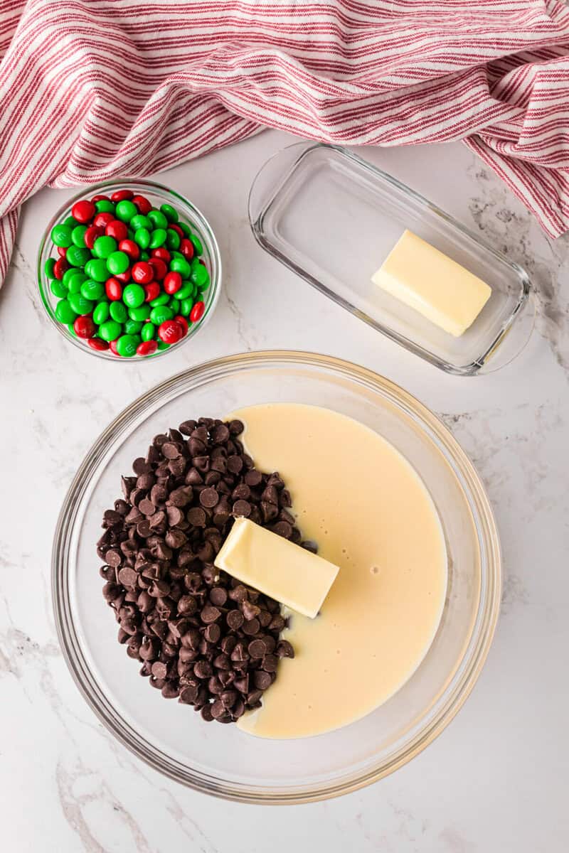 melting the chocolate chips, butter and milk together.