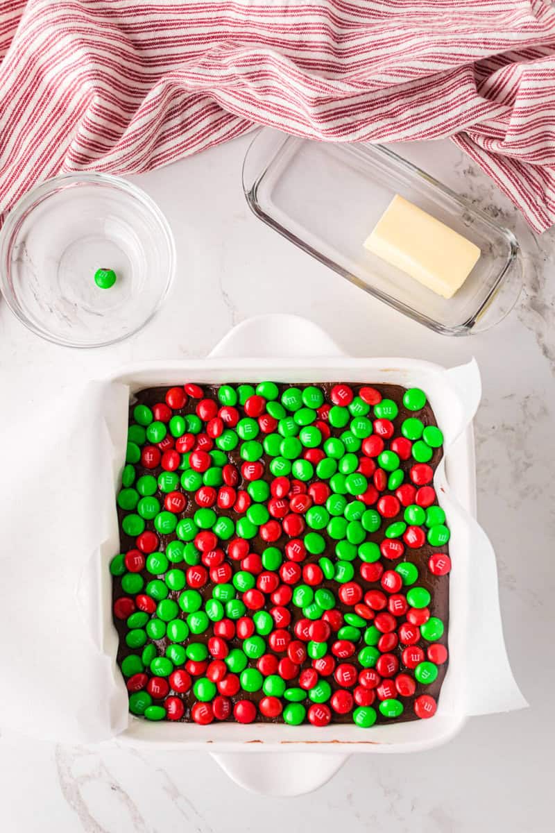 Christmas M&Ms on top of the fudge.