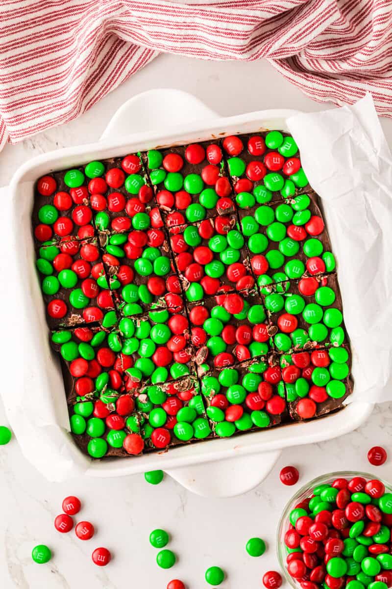 Christmas Fudge sliced in the dish.