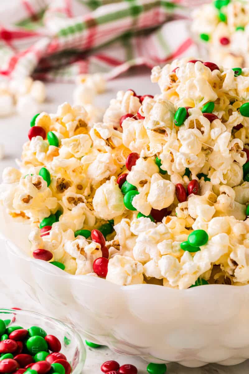 closeup of the Christmas Popcorn served in a large white bowl.