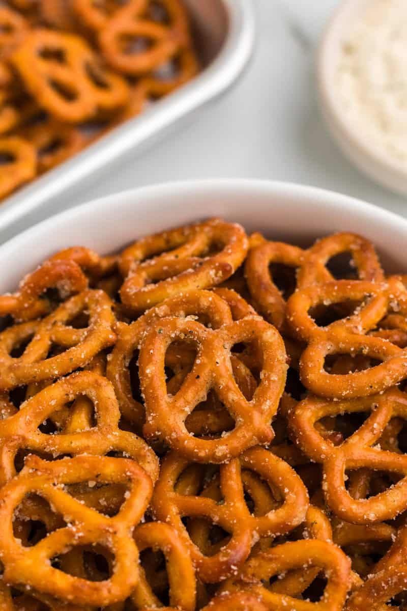 closeup of the Crack Pretzels served in a white bowl.