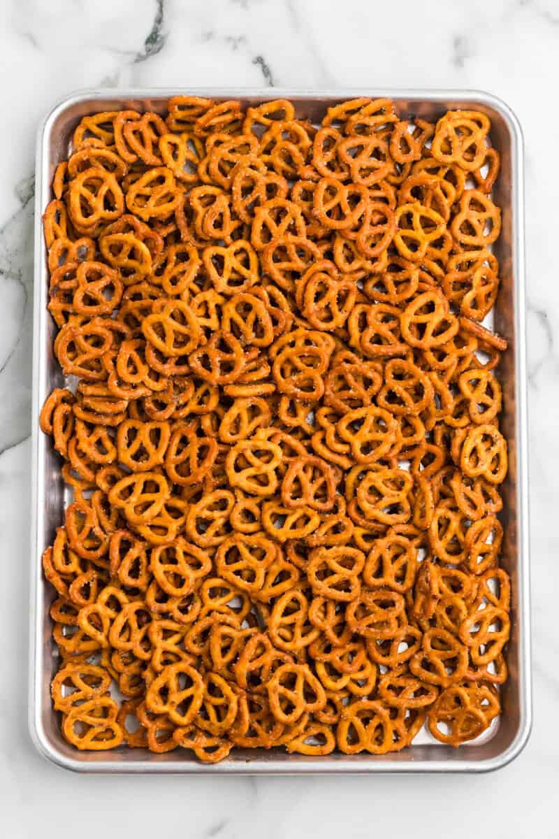 the Crack Pretzels spread out on a baking sheet.