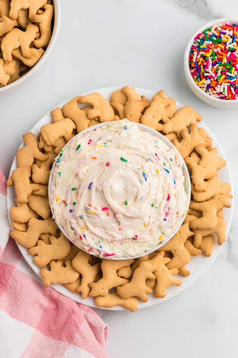top-down view of the Funfetti Dip served in a white bowl.