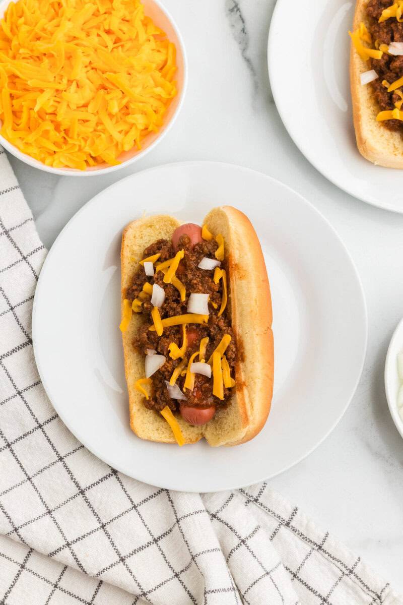 top-down view of the Hot Dog Chili on a hot dog.