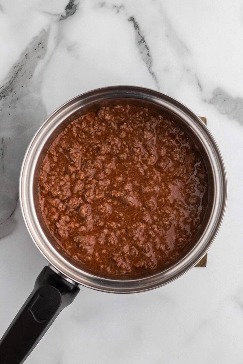 top-down view of the Hot Dog Chili in the pot.