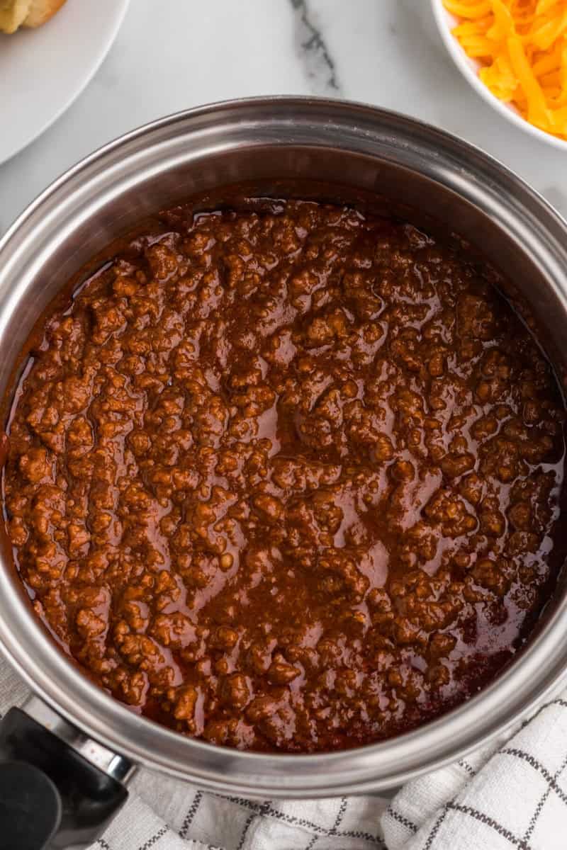 closeup of the Hot Dog Chili in the sauce pan.