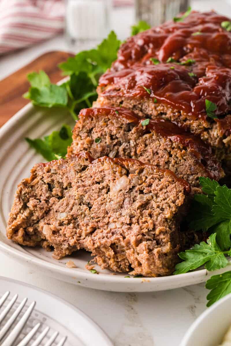 closeup of the meatloaf sliced on a serving plate.