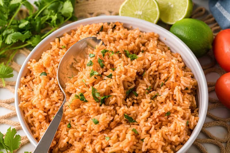 closeup of the Mexican Rice served in a white bowl.
