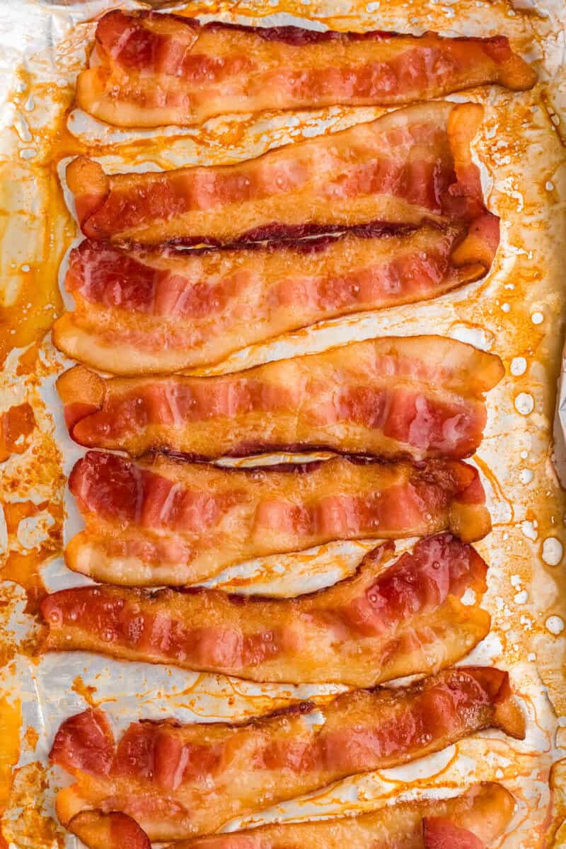 crispy bacon cooked on the baking sheet.