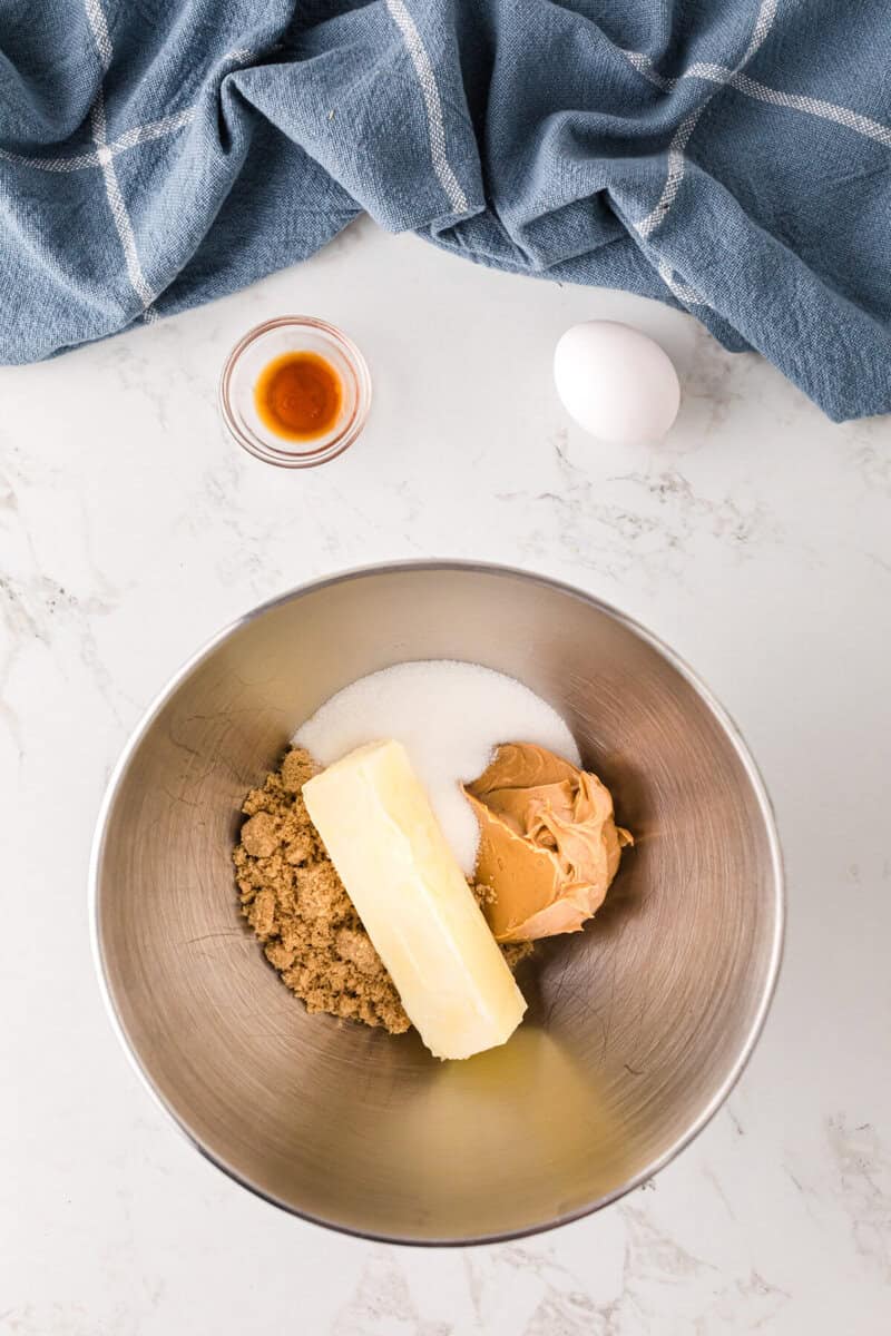 sugar, butter and peanut butter in the stand mixer bowl.