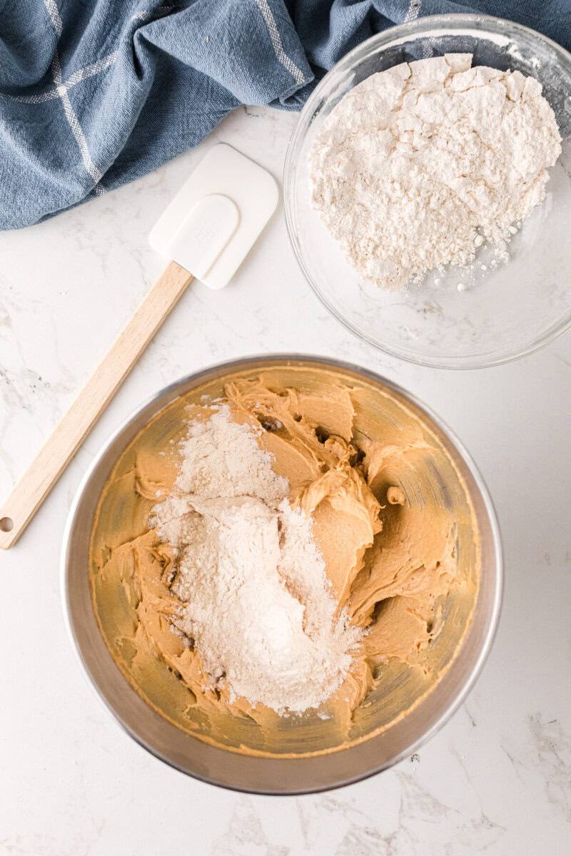 adding the dry ingredients to the wet ingredients.