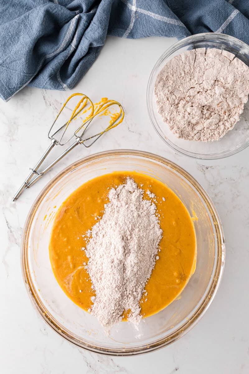 adding the dry ingredients to the wet ingredients.