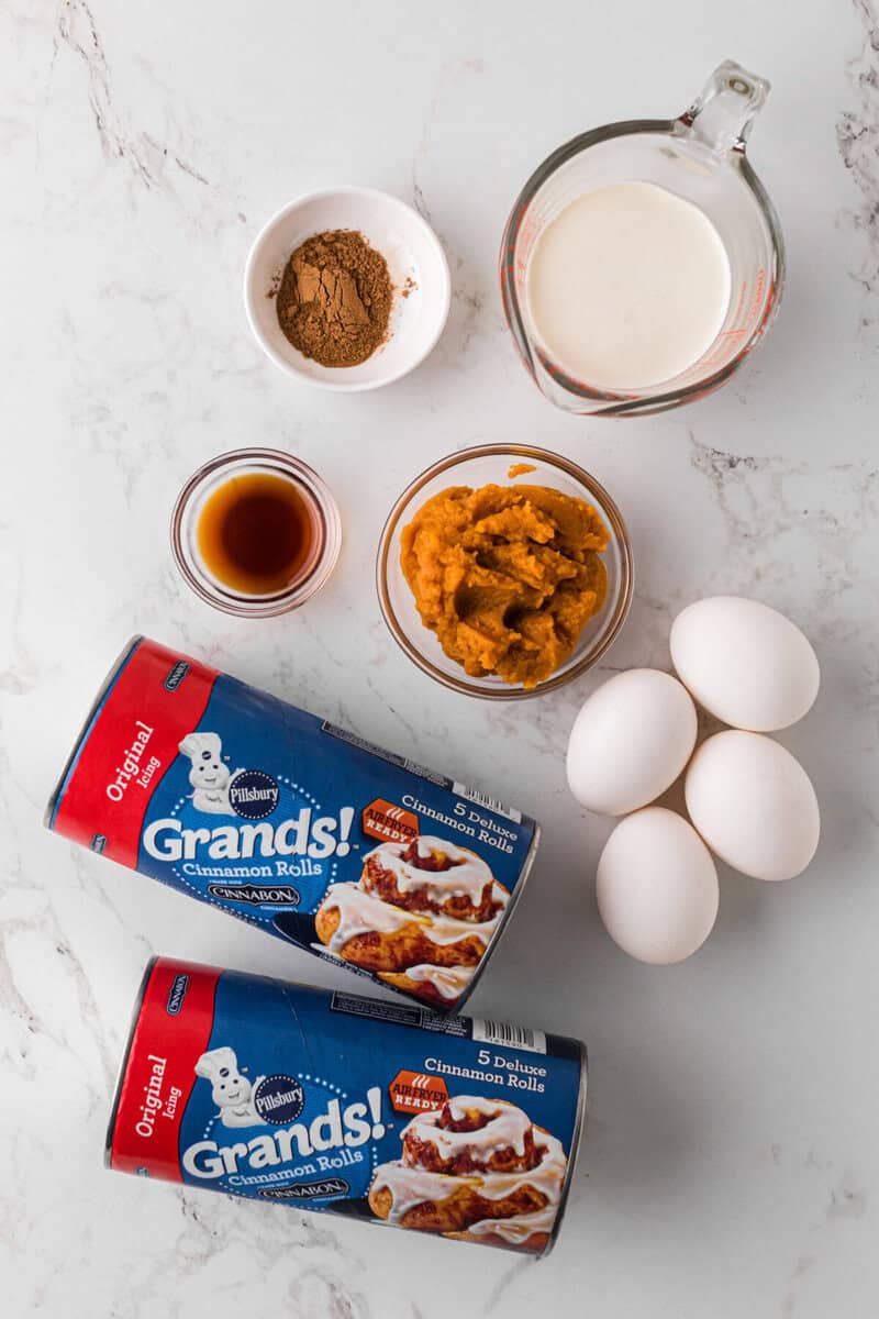 ingredients for the Pumpkin Cinnamon Roll Casserole.