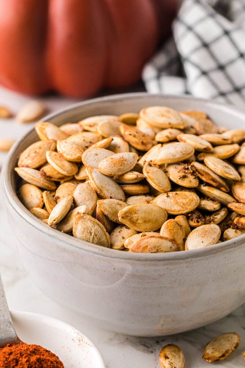 bowl of roasted pumpkin seeds.