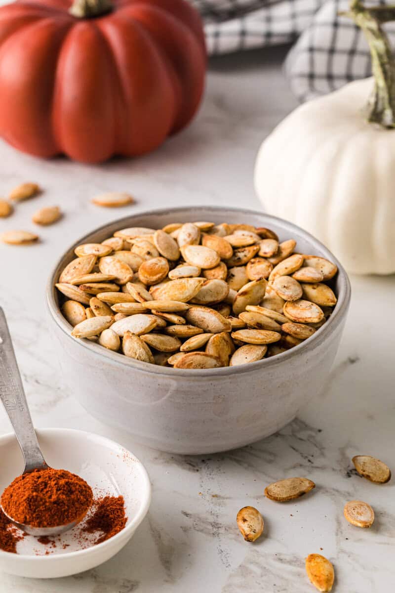 bowl of the roasted pumpkin seeds.