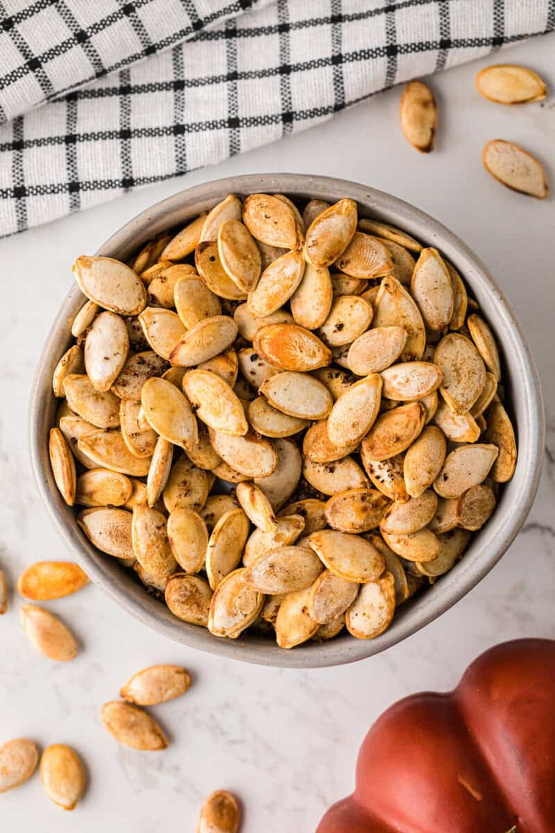 top-down view of the roasted pumpkin seeds.
